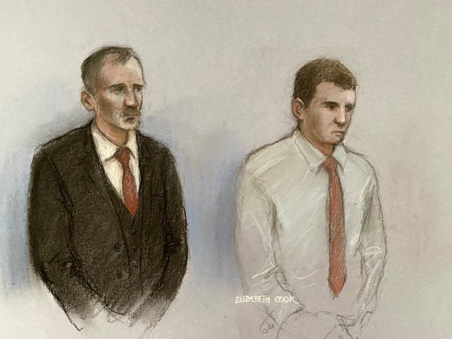 File court artist sketch dated 15/05/24 by Elizabeth Cook of Daniel Graham and Adam Carruthers appearing in the dock at Newcastle Magistrates' Court. Graham and Carruthers are accused of criminal damage after the felling of the Sycamore Gap tree - valued at ?622,000 and ?1,114 damage to Hadrian's Wall. Issue date: Tuesday May 6, 2025. PA Photo. The sycamore, which featured in the 1991 Kevin Costner film Robin Hood: Prince Of Thieves, was cut down overnight between September 27 and 28 2023. Hadrian's Wall, a Unesco World Heritage Site, was hit by the tree when it was felled. See PA story COURTS SycamoreGap. Photo credit should read: Elizabeth Cook/PA Wire